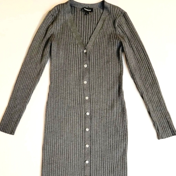 Express Women's Gray Ribbed Knit Jewel Button Front Fitted Midi Dress! Size L - Picture 6 of 9